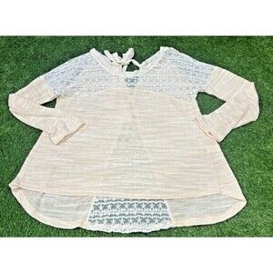 Anthropologie‎ hazel Light Weight Long Sleeve Semi-Sheer Cream Sweater w/ Lace M